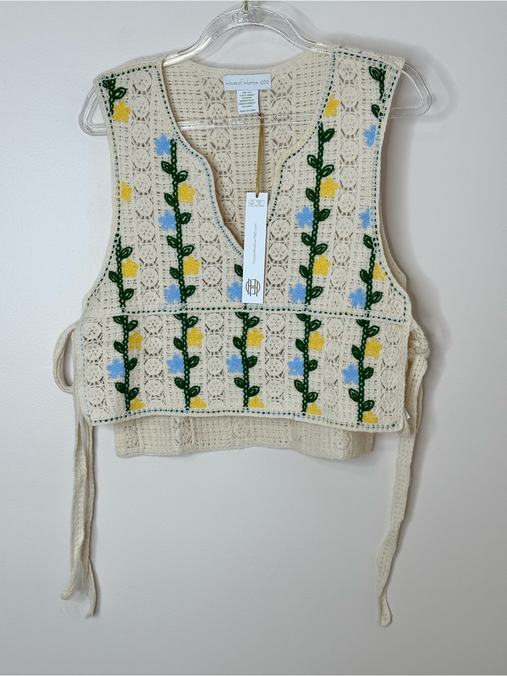 House of Harlow 1960 Crochet Floral Tie Vest Boho Knit Top One Size NWT